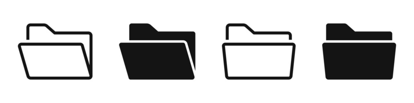 Folder icon set. Open folder, file, directory, desktop, archive, document symbol on white background - stock vector.