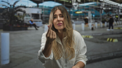 Fototapeta premium Middle aged woman with open hands pleading at airport curb wearing a white shirt and loose blonde hair; frustration appeal.