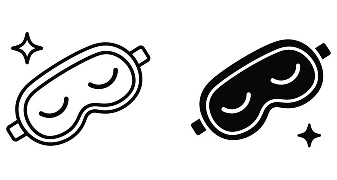 Sleep mask icon set featuring outline and solid black blindfold designs with stars for bedtime relaxation and travel rest wellness