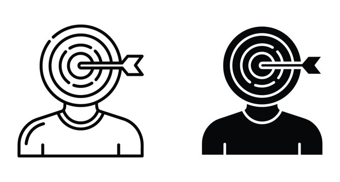Target audience icon set showing person with bullseye head and arrow hitting center for business marketing strategy and goal achievement