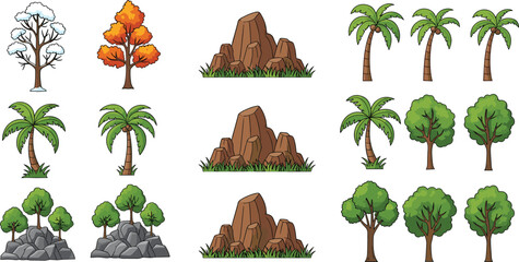Nature game asset collection with palm trees deciduous trees rocks boulders and grass isolated on white background vector illustration © MD
