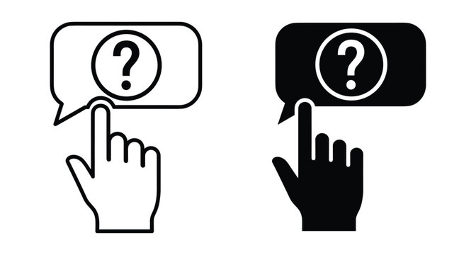 Hand clicking speech bubble with question mark icon set in outline and solid black styles for help support and faq interface