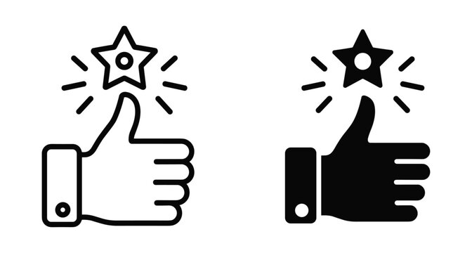 Thumbs up hand gesture with star icon for rating feedback success approval recommendation quality achievement satisfaction positive review vote like