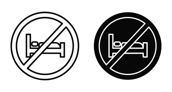 No sleeping sign icon set with bed symbol inside prohibition circle for hotel hostel public area restriction warning notice graphic
