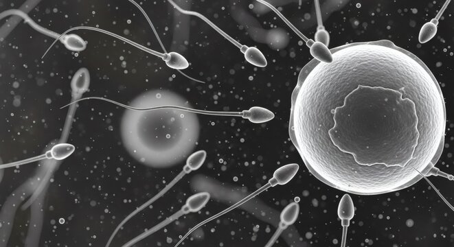 A microscopic image of sperm cells surrounding an egg, symbolizing reproduction and biology