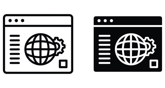 Web browser window icon set with globe and gear symbols representing global internet settings website configuration management and online optimization