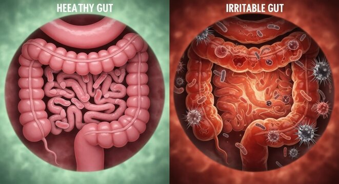 Comparing a healthy gut with an irritable gut, showcasing the contrasting internal states