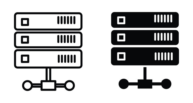 Server rack network icon set showing data storage hardware connected to local area network for cloud computing and database management systems