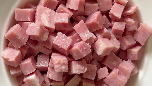 Ham cube shape pork meat tasty snack fresh, delicious, gourmet food background on the table, rustic food top view copy space