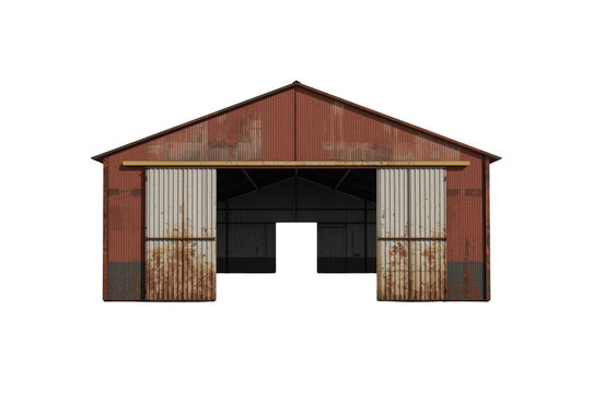 Abandoned open old rusty warehouse building with transparent background