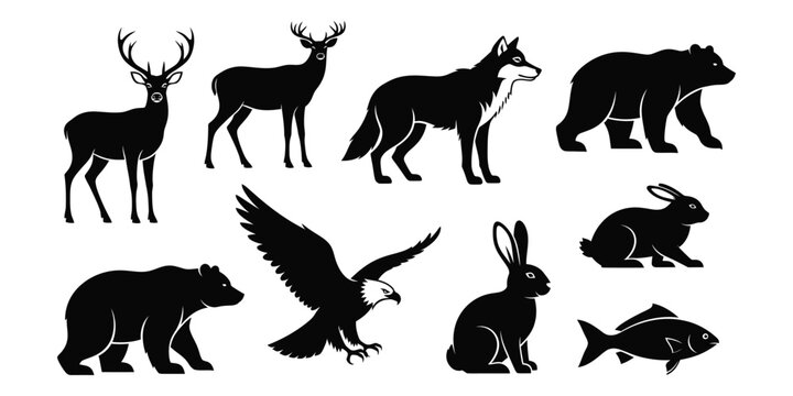 Black silhouettes of various wild animals