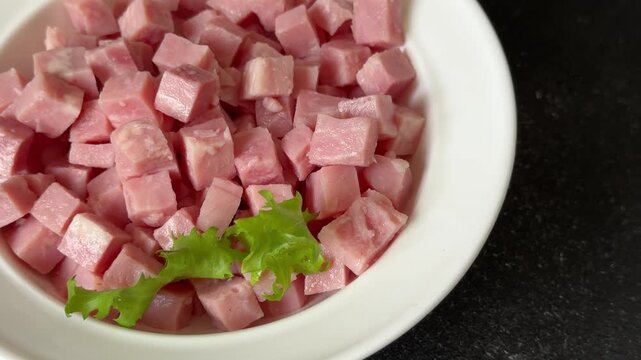 Ham cube shape pork meat tasty snack fresh, delicious, gourmet food background on the table, rustic food top view copy space