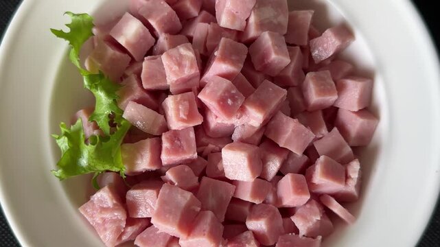 Ham cube shape pork meat tasty snack fresh, delicious, gourmet food background on the table, rustic food top view copy space