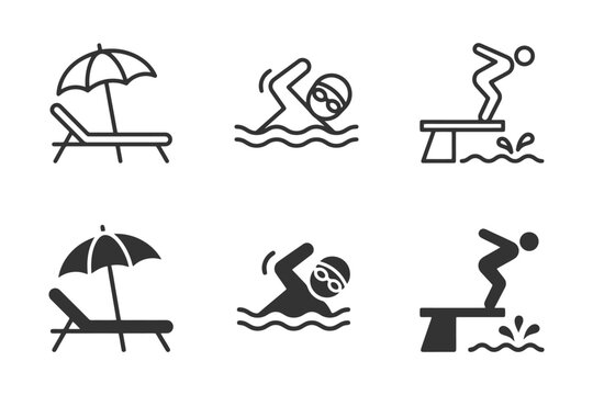 Swimming and beach icons: umbrella, sunbed, swimmer, diving board graphics.