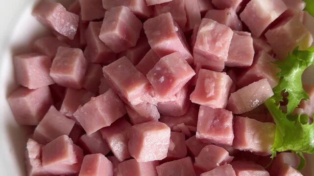 Ham cube shape pork meat tasty snack fresh, delicious, gourmet food background on the table, rustic food top view copy space
