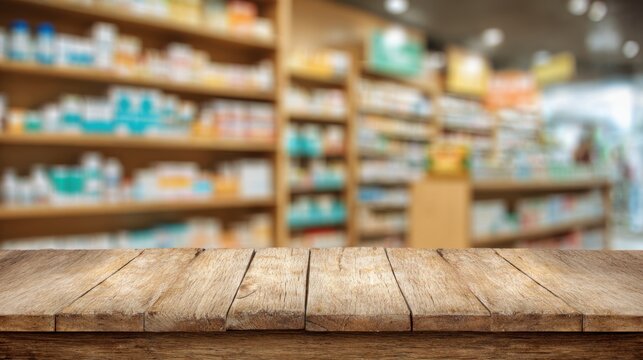 Rustic wooden table top in a pharmacy store