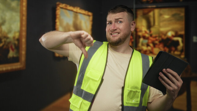 Young caucasian man in high visibility yellow vest gives thumbs down while holding tablet among paintings in building; frustration doubt uncertainty.