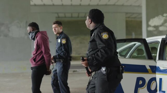 Two policemen are standing near the car with a african american robber dance together in handcuffs arrest bad guy crime dangerous gangster dance gun illegal law pistol security emergency slow motion