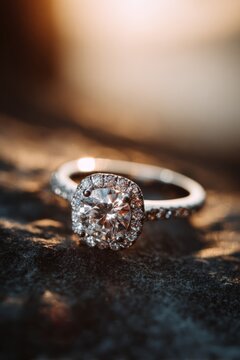 lab grown diamond engagement ring, round brilliant cut  with halo diamonds, photographed in warm soft light