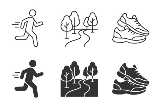Running icons and fitness symbols: jogging, park path, sneakers.