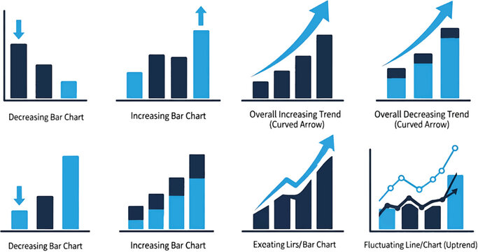Business chart and graph icon set in blue corporate style. Analytics, data statistics, growth and decline symbols for finance reports, dashboards, presentations.UI design.