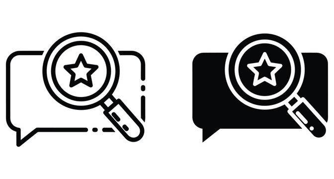 Search icon with star inside chat bubble representing favorite feedback or quality review in outline and solid black glyph styles