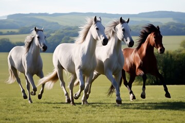 Obraz premium Horses Run Through a Green Field Under a Clear Sky During Daytime in a Rural Area