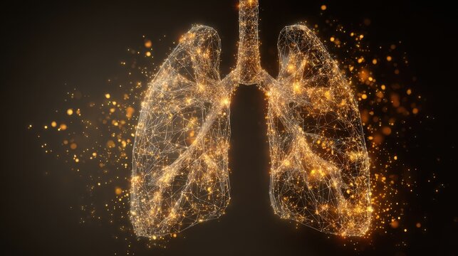 Digital wireframe of human lungs with glowing golden particles