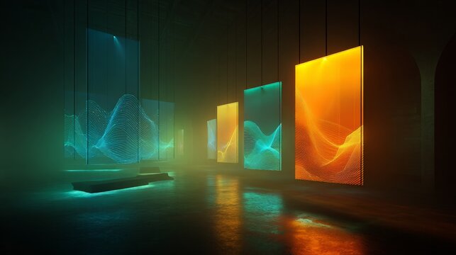 Dark room glows with luminous, suspended panels. Colors shift from cool blues to warm oranges in flowing waves. Glowing waves pulse with digital energy, echoing futuristic themes