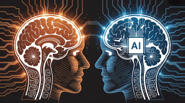 Two stylized human profiles, one organic and the other featuring an AI chip within its brain, facing each other a backdrop of digital circuitry.