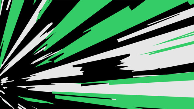 Dynamic black and white, green speed lines with radial burst effect and dramatic comic book motion.sport and gaming theme 