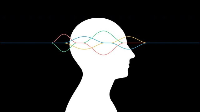 Brain wave signal inside human head. Male head silhouette with moving waveform line. Neurology concept, mind activity monitoring, neuroscience scan. Transparent background on Alpha Channel ProRes 4444