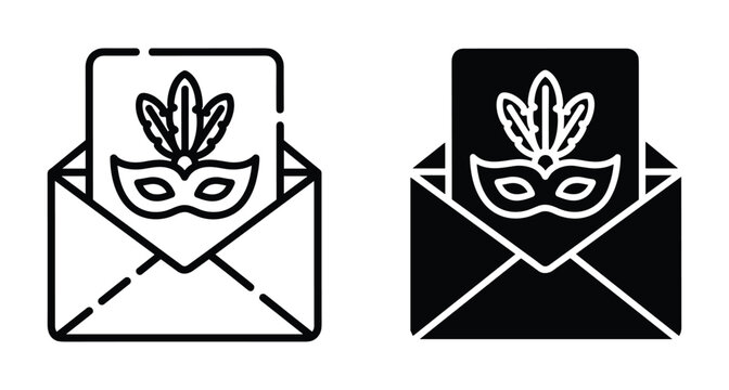 Masquerade party invitation card in open envelope icon set with carnival mask and feathers for celebration event and holiday greeting
