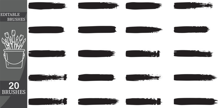 Collection of 20 straight black brush strokes, horizontal ink lines and textured vector paint banners.