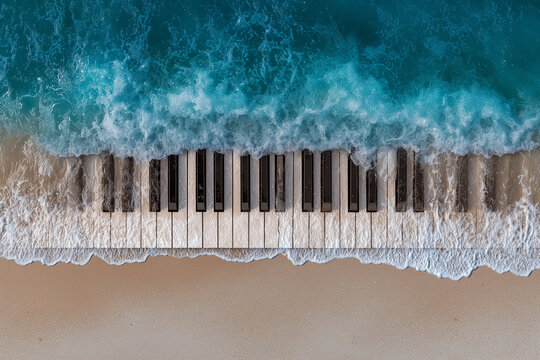 A Piano keyboard on a sandy beach being washed over by waves, creative music concept