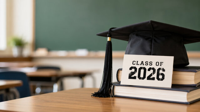 Graduation cap and books on classroom desk with Class of 2026 sign, school background with chalkboard.
