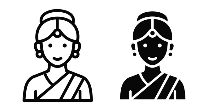 Indian woman avatar icon set featuring traditional sari dress bindi and jewelry in line and solid black vector style