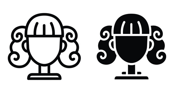 girl avatar icon set with curly pigtails and bangs hairstyle in outline and solid black glyph style for web design