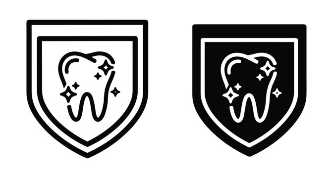 dental protection icons showing shiny tooth inside shield symbol for oral health care hygiene and strong enamel security set