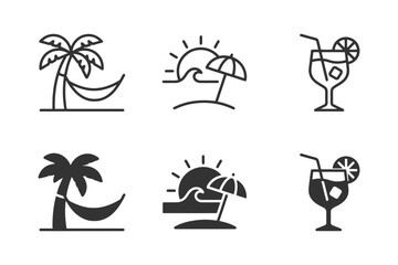 Obraz premium Minimalist beach icons: palm trees, sunsets, and cocktails in simple line art.