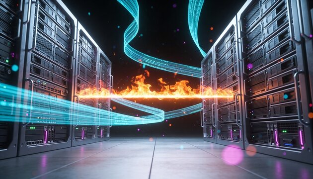Futuristic minimalist 3D render of a bright server rack shielded by glowing firewall energy barrier, floating data stream ribbons in dark space, vibrant digital colors, no text or branding