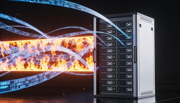 Futuristic minimalist 3D render of a bright server rack shielded by glowing firewall energy barrier, floating data stream ribbons in dark space, vibrant digital colors, no text or branding