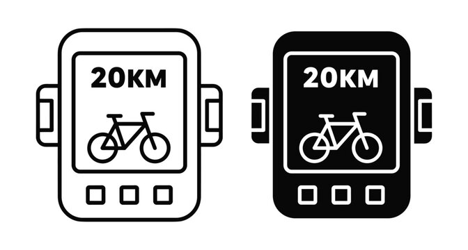 Bicycle computer icon set showing distance tracking with speed and odometer display for cycling fitness monitoring and outdoor sports navigation