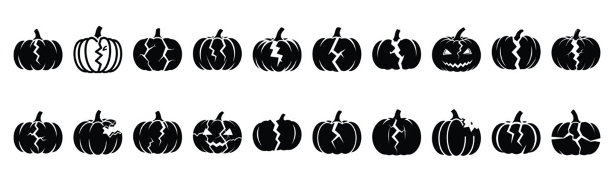 Collection of  broken pumpkin silhouette design element art. Happy Halloween Vector  silhouette icons.