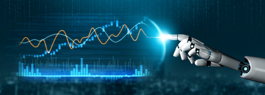 A robotic hand reaches out to engage with a digital stock market chart, symbolizing the intersection of technology and finance in modern trading and analysis. Scalp