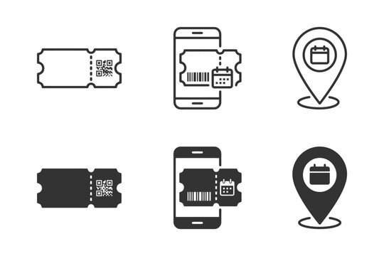 Event ticket icons set with qr code and calendar symbols.