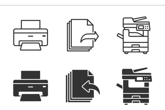 Printer and copier icon set: print, scan, copy, document management symbols.