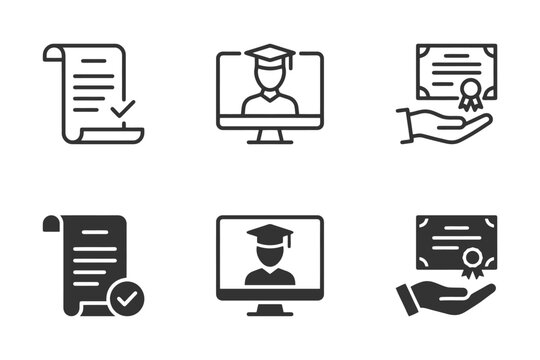 Online education icons set: graduation, certification, and academic symbols.