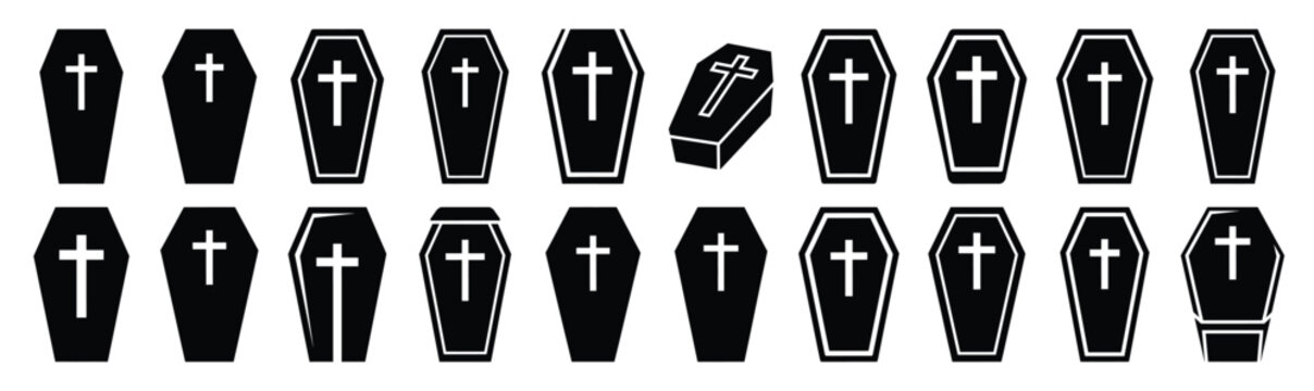 Collection of  coffin with cross silhouette design element art. Happy Halloween Vector  silhouette icons.