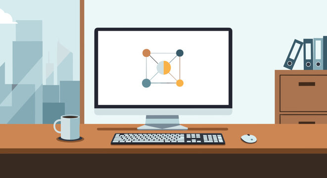 A modern office desk with a computer and molecular design on screen